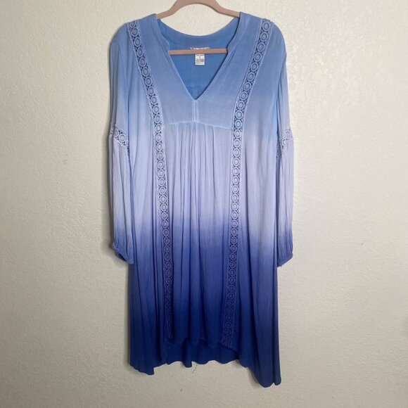 Ombre Blue Long-Sleeve Boho Tunic Dress S‎ Crochet Details Coastal - Picture 2 of 9